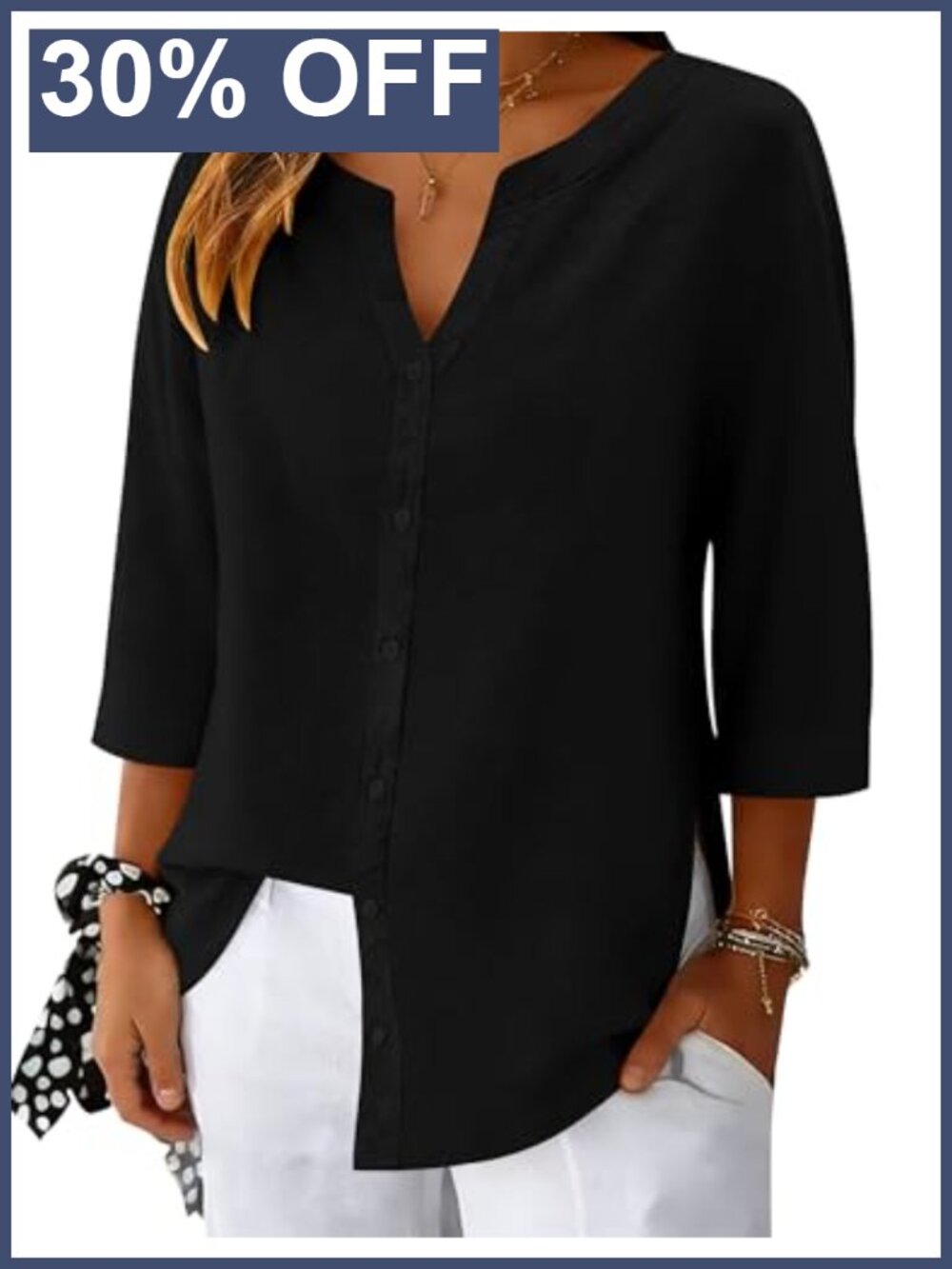 LOMON Womens 3/4 Sleeve Button Down Blouse Cotton Linen Loose Fit V-Neck Casual